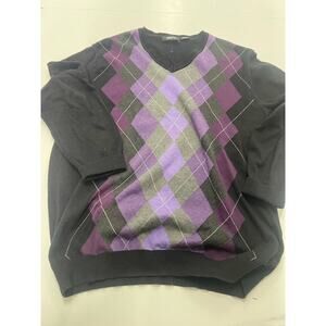 Claiborne Men's Cotton Purple Argyle V-Neck Sweater Pullover Long Sleeve Large